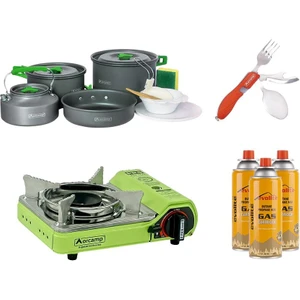 Mini Portatif Kamp Ocağı Yeşil + 4'Lü Tencere Seti + Çkb(Out-1350-K) + 3 Evolite 227 Gr Gaz Kartuşu Evo-006-D1