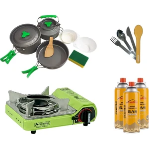 Mini Portatif Kamp Ocağı Yeşil + 3'Lü Tencere Seti + Çkb(Out-1970-S) + 3 Evolite 227 Gr Gaz Kartuşu Evo-006-D4