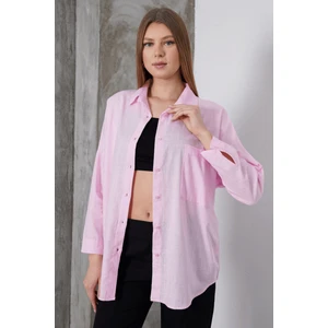 Paw Garage Kadın London Keten Tek Cepli Oversize Gömlek, Premium Kalite Keten Gömlek