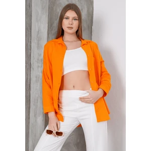Paw Garage Kadın London Keten Tek Cepli Oversize Gömlek, Premium Kalite Keten Gömlek