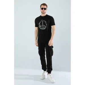 Unisex Slim Fit Kesim Barış Işareti Dijital Baskılı Pamuklu Likralı Kısa Kol T-Shirt