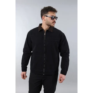 Erkek Regular Fit Yaka Garni Fermuarlı Siyah Kot Ceket