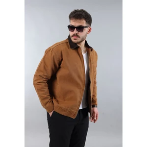 Erkek Regular Fit Yaka Garni Fermuarlı Taba Kot Ceket