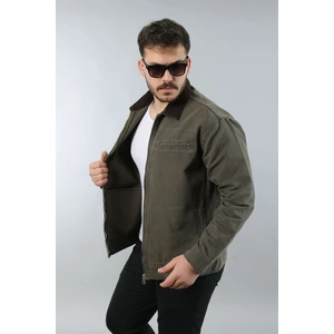 Erkek Regular Fit Yaka Garni Fermuarlı Haki Kot Ceket