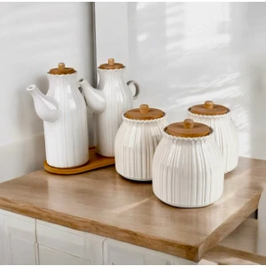 6 Parça Bambu Standlı Papatya Porselen 2 Li Yağdanlık ve 3 Lü Papatya Kavanoz Set