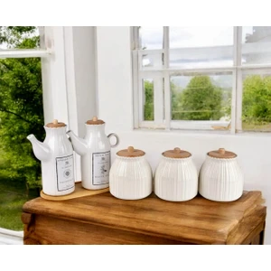 6 Parça Bambu Standlı Papatya Porselen 2 Li Yağdanlık ve 3 Lü Papatya Kavanoz Set