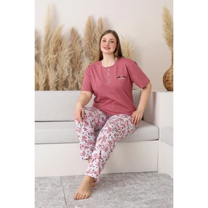 %100 Pamuk  Büyük Beden Kısa Kol Kadın Pijama Takımı