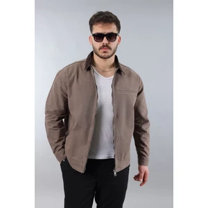 Erkek Regular Fit Yaka Garni Fermuarlı Vizon Kot Ceket