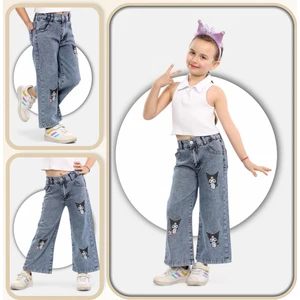Kuromi Nakışlı-Kar Yıkamalı-Pamuklu-Mavi Kot-Denim-Jeans-Palazzo-Kız Çocuk Pantolonu
