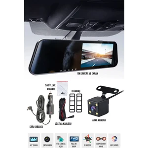 Araç Kamerası Dikiz Aynası- Çift Kameralı, Full Hd 1080P, 170° Geniş Açı, Gece Görüşlü, Geri Görüş