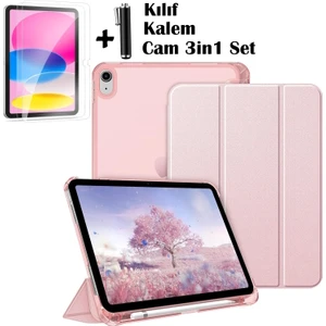 iPad (A16) 11 Nesil 11 Inç 2025, iPad 10 Nesil 10,9 Inç 2022 Uyumlu Tablet Kılıfı Akıllı Smart Uyku Modlu Katlanabilir Arkası Renkli Standlı Kılıf +Ekran Koruyucu Cam+Kalem 3'lü Set  A3354 A3355 A3356