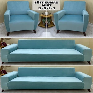 Süet Detaylı Angora Kumaş 2 Adet Üçlü & Çekyat- 2 Adet Tekli Set Koltuk Kılıfı