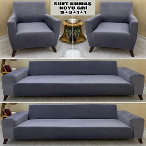 Süet Detaylı Angora Kumaş 2 Adet Üçlü & Çekyat- 2 Adet Tekli Set Koltuk Kılıfı