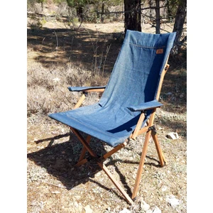 Joyfull Turtle Ahşap -  Kollu Katlanır Kamp - Bahçe - Balkon Sandalyesi - Koyu Ceviz Iskelet - Mavi Kot Kılıf - Kahverengi Çanta