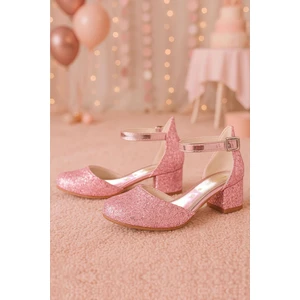 Merida Parlak Pembe Kalın Topuklu Taşlı Kız Çocuk Topuklu Ayakkabı