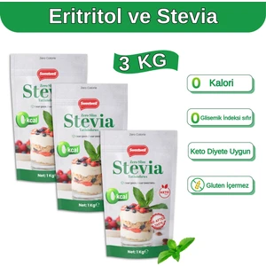 Zero Slim Stevia & Eritritol Tatlandırıcı 1 kg x 3 Adet – Şekersiz, 0 Kalori, Keto ve Vegan Uyumlu