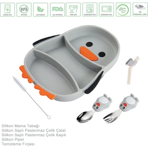 Vakumlu Silikon Mama Tabağı, Silikon Saplı Metal Uçlu Çatal ve Kaşık ( Penguen Figürlü )