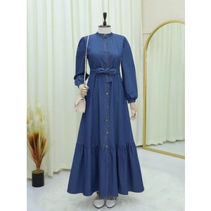 Boydan Düğmeli Eteği Fırfırlı Kot Elbise