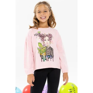 Kız Çocuk Uzun Kollu Tişört Portre Kız Baskılı 10-14 Yaş, Somon Melanj