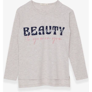 Kız Çocuk Uzun Kollu Tişört Taşlı Yazı Baskılı 10-16 Yaş, Bej Melanj