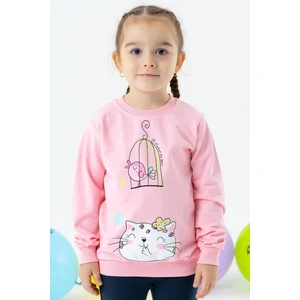 Kız Çocuk Sweatshirt Simli Kedicik Baskılı 1.5-5 Yaş, Pudra