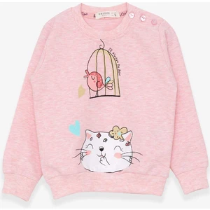 Kız Çocuk Sweatshirt Simli Kedicik Baskılı 1.5-5 Yaş, Somon Melanj