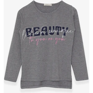 Kız Çocuk Uzun Kollu Tişört Taşlı Yazı Baskılı 10-16 Yaş, Koyu Gri Melanj