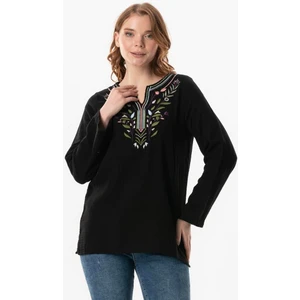 Eliş Şile Bezi Uzun Kol Çiçek V Yaka Nakışlı Müslin Yazlık Bluz Beyaz Byz