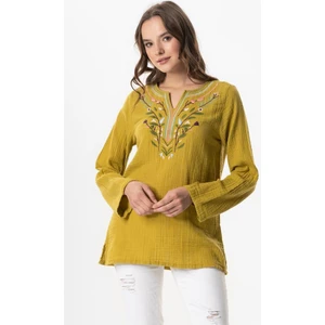 Eliş Şile Bezi Uzun Kol Çiçek V Yaka Nakışlı Müslin Yazlık Bluz Beyaz Byz