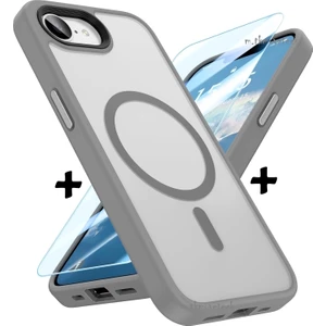 M.tk moveteck Apple iPhone 16E Kılıf Mat Magsafe Şarj Özellikli Hassas Butonlu Yumuşak Renkli Kenarlı + Ekran Koruyucu Cam Set 2in1