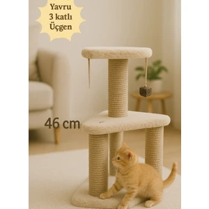 Yavru Kedi Için 46 cm Üçgen Krem Renk Tırmalama Tahtası – 3 Katlı Şık Tasarım, Kaliteli Peluş Yumuşacık Kumaş ve %100 Jüt Ip,