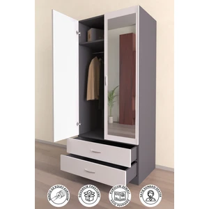Hediyeler Kapında Aynalı 2 Kapaklı Gardırop 5 Raflı 2 Çekmeceli Askılı Elbise Dolabı Beyaz Antrasit