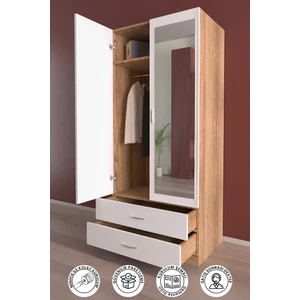 Hediyeler Kapında Aynalı 2 Kapaklı Gardırop 5 Raflı 2 Çekmeceli Askılı Elbise Dolabı Ahşap Beyaz