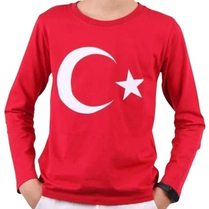 Türk Bayraklı Çocuk Uzun Kollu Kırmızı Tişört