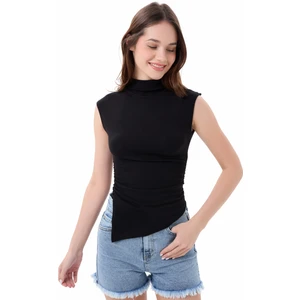 Kadın Siyah Dik Yaka Kısa Kollu Büzgü/Drape Detaylı Fitted/Vücuda Oturan Asimetrik Örme Bluz