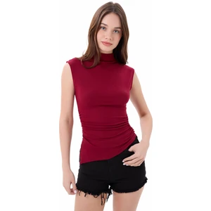 Kadın Bordo Dik Yaka Kısa Kollu Büzgü/Drape Detaylı Fitted/Vücuda Oturan Asimetrik Örme Bluz