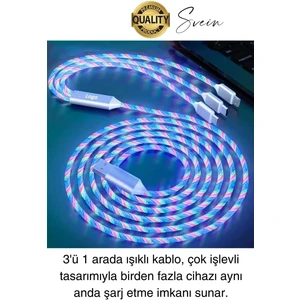Özel Üretim Rgb LED Işıklı 3'ü 1 Arada Şarj Kablosu Micro USB Type-C Lightning Apple Iphone Uyumlu