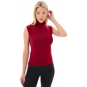 Bordo Kadın Yarım Balıkçı Yaka Viskon Likralı Kolsuz Body