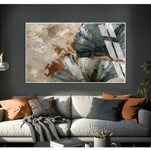 krem-Yeşil Soyut Çiçek Modeli |çerçeveli Temperli Cam Tablo Tekli Yatay