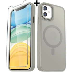 M.tk moveteck Apple iPhone 11 Kılıf Mat Magsafe Şarj Özellikli Hassas Butonlu Yumuşak Renkli Kenarlı Kapak + Ekran Koruyucu Cam Set 2in1