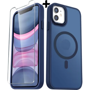M.tk moveteck Apple iPhone 11 Kılıf Mat Magsafe Şarj Özellikli Hassas Butonlu Yumuşak Renkli Kenarlı Kapak + Ekran Koruyucu Cam Set 2in1