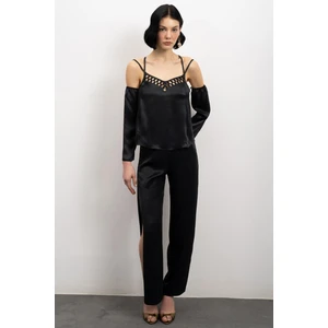 Feu De Elu Lax Grogren Detaylı Saten Siyah Uzun Pijama Takım