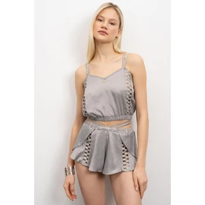 Feu De Elu Amative Grogren Detaylı Gri Şortlu Saten Pijama Takımı