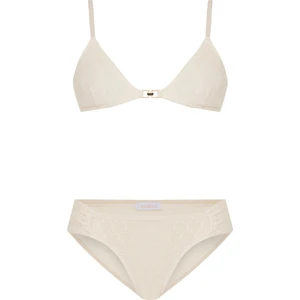 Dantel Dokulu Büstiyer Ekru Bikini Takım