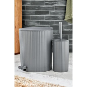 2 Parça Pedallı Banyo Seti - Pedallı Çizgili Yuvarlak Çöp Kovası Wc Fırçası Set