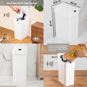 Me-06 Hareket Sensörlü Sessiz Kapatma Çöp Kutusu Banyo Mutfak Çöp Kovası Kapaklı Banyo Çöp Kovası 9 lt
