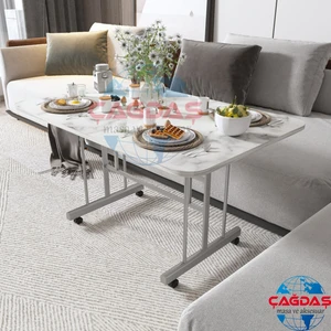 Tekerlekli Masa Orta Sehpa Beyaz Mermer 70 x 110 cm Metal Ayak 