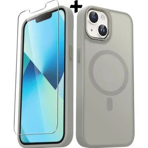 M.tk moveteck Apple iPhone 14 Kılıf Mat Magsafe Şarj Özellikli Hassas Butonlu Yumuşak Renkli Kenarlı Kapak + Ekran Koruyucu Cam Set 2in1