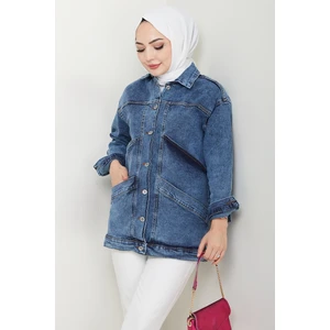 Çift Cepli Oversize Kot Ceket 1436 - Mavi