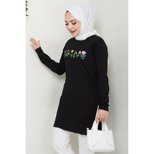 Çiçek Desen Tesettür Tunik 1425 - Siyah